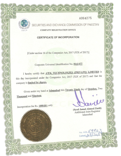 AWKT Inc. Certificate